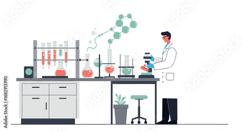Scientist in modern laboratory conducting experiments with equipment and chemicals