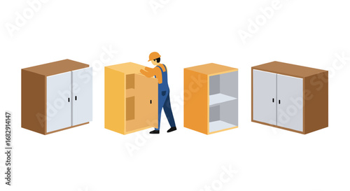 Worker assembling cabinets in isometric style home renovation concept