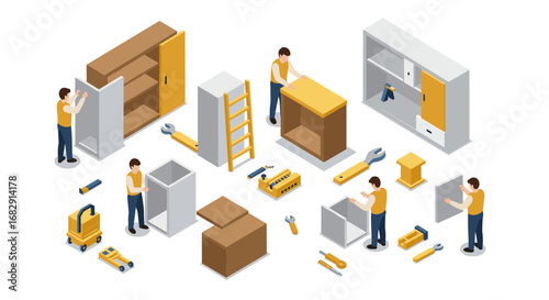 Isometric diy furniture assembly with tools and workers in action
