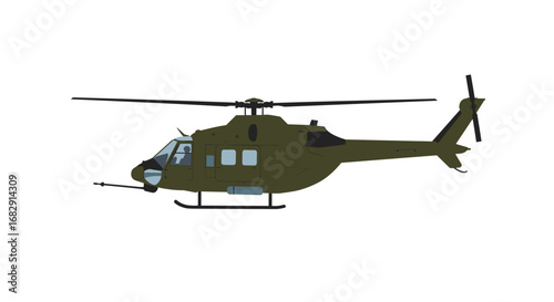 Flat style military helicopter side view in olive green on white background