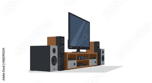 Modern home theater system with speakers and flat screen tv on white background