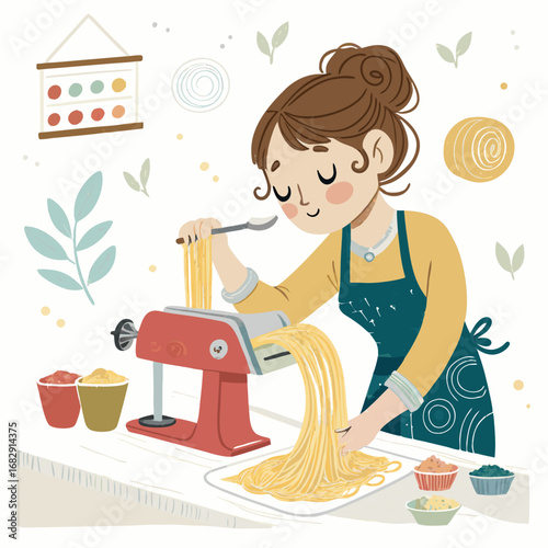 Charming illustration of a woman making fresh pasta at home.