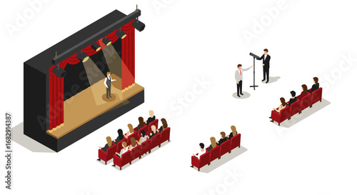 Isometric theater performance with audience and stage spotlight illustration
