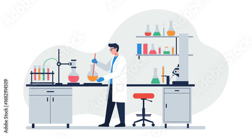 Scientist conducting laboratory experiments with modern equipment in a flat design