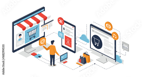 E-commerce technology concept with isometric online shopping and digital marketing elements