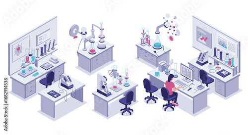 Modern isometric science lab with advanced equipment and researcher at work
