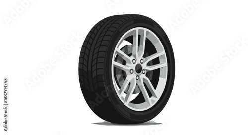 Realistic car tire on white background with detailed tread and alloy wheel design