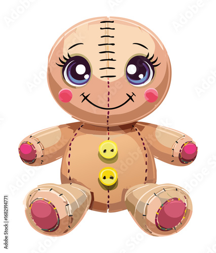 Cute Voodoo Doll Character Illustration with Button Eyes and Stitches