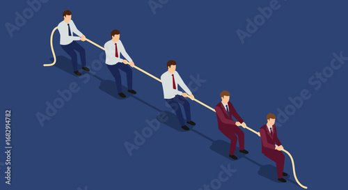 Teamwork concept with businesspeople in a tug of war on blue background