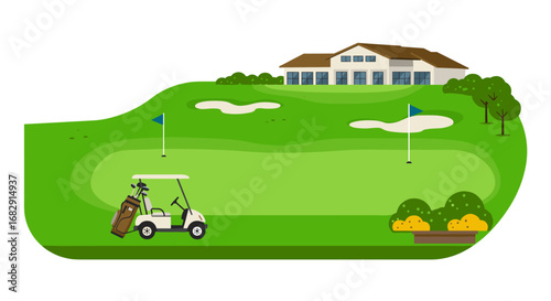 Modern golf course scene with cart and clubhouse in flat style
