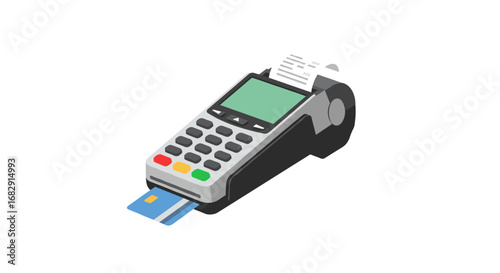 Modern payment terminal with card reader and receipt feature in isometric style