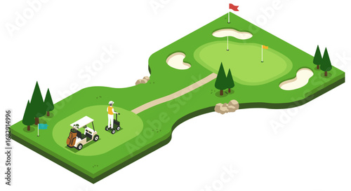 Isometric golf course scene featuring golfer and cart on green lawn