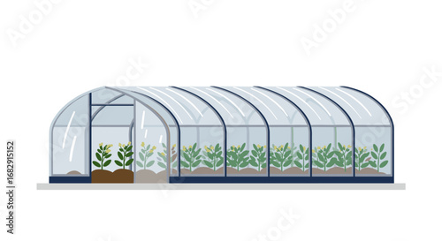 Modern greenhouse with plants and glass panels in urban garden setting