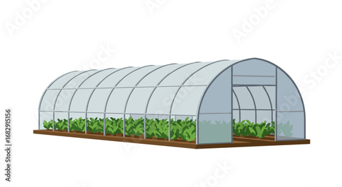 Modern greenhouse structure with lush green plants and transparent panels