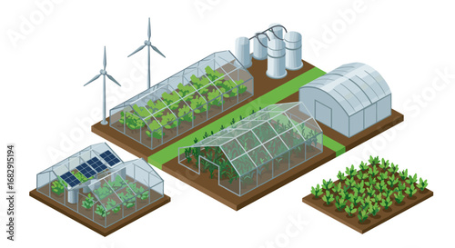 Sustainable farming isometric scene with greenhouses and renewable energy sources