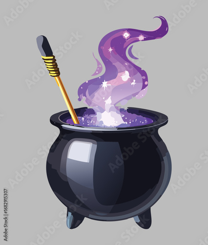 Witch's Cauldron with Glowing Purple Potion and Bubbling Magic Spells Vector Illustration