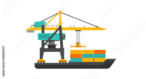 Colorful flat cargo crane loading shipping containers on vessel