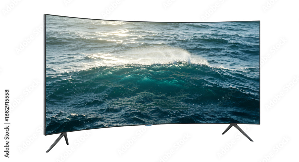 Naklejka premium Dynamic curved television displaying ocean waves with sunlight creating a calming and immersive viewing experience for modern home entertainment isolated png on white background
