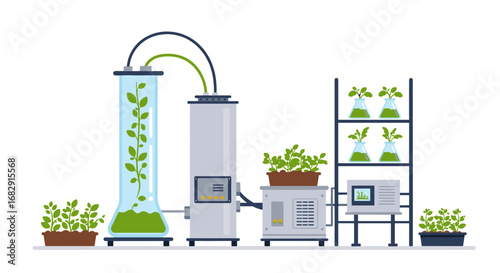 Modern hydroponics lab with plants and equipment on white background