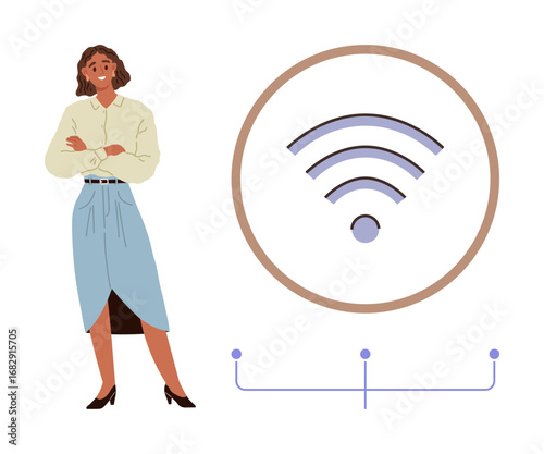 Confident woman stands next to a large wireless signal symbol, representing modern connectivity and communication. Ideal for technology, innovation, networking, empowerment, workplace diversity