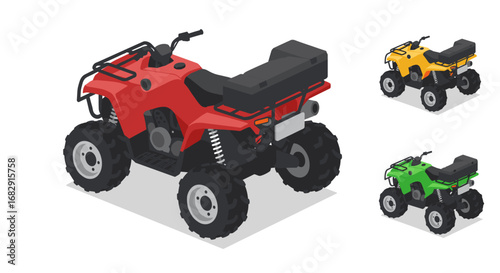 Isometric quad bikes in red, yellow, and green for outdoor adventure design