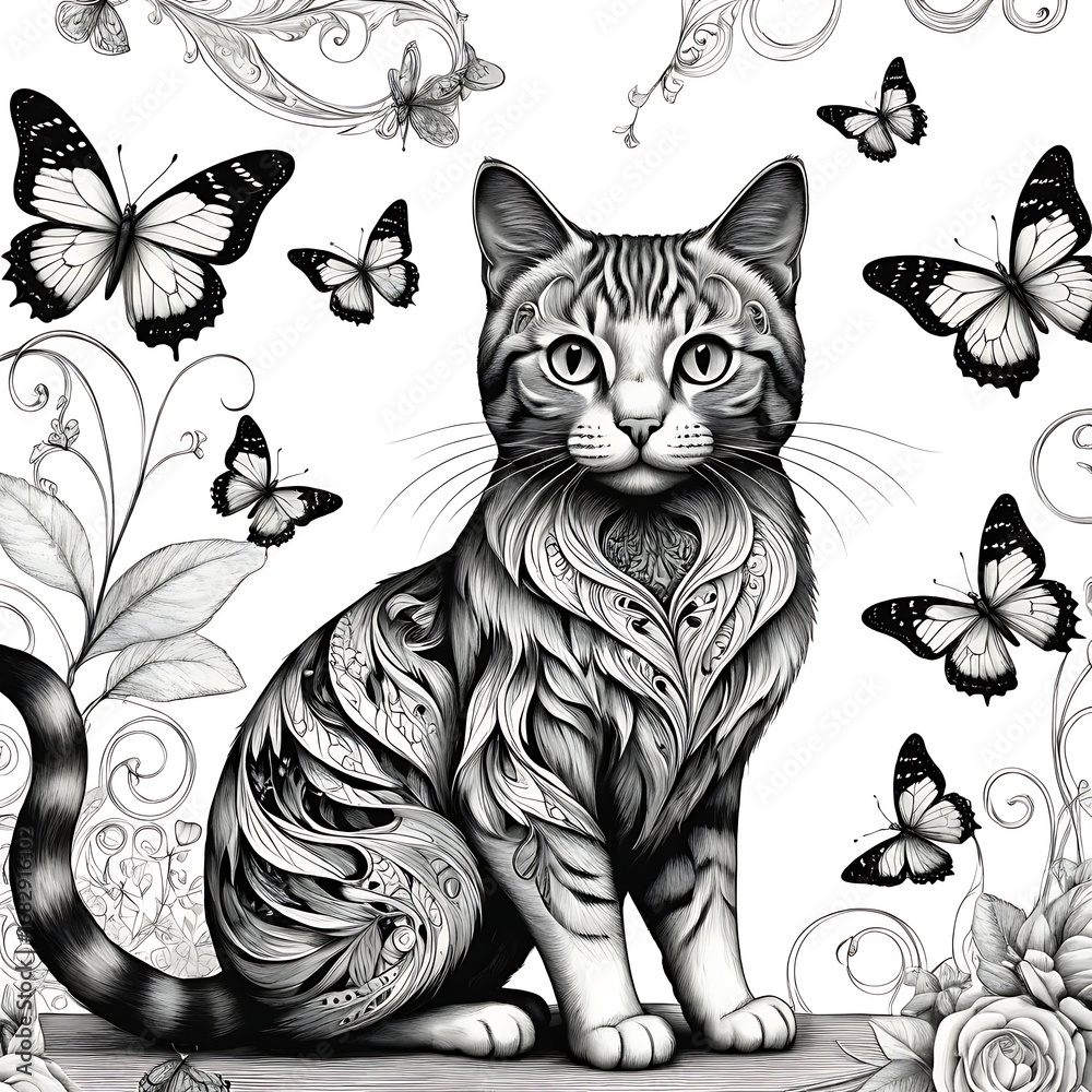 Obraz premium A Beautiful Cat and Butterfly Adult Coloring Book Page
