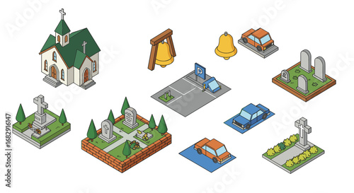 Isometric cemetery set with church, graves, bells, and cars