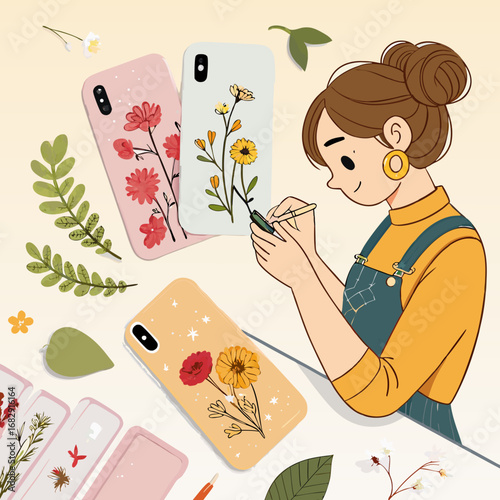 Creative woman artist handpainting floral designs on smartphone cases.