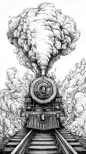 A Detailed Ink Drawing of a Vintage Steam Train Locomotive