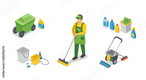 Cleanliness and maintenance concept with isometric cleaning equipment and worker