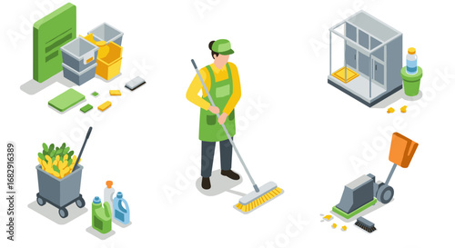Isometric cleaning and maintenance tools with worker in uniform