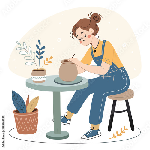 Creative Woman Engaged in Pottery Making Process in a Studio.