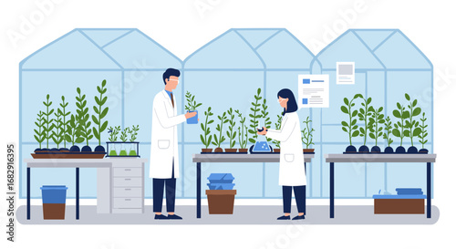 Scientists analyzing plants in a modern greenhouse environment