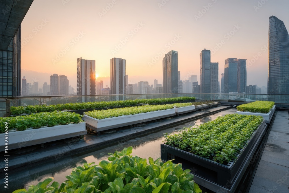 Fototapeta premium Rooftop garden with hydroponic system, smart irrigation, modern city skyline background.