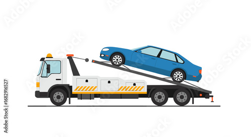 Tow truck transporting blue car: emergency roadside assistance concept