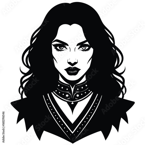 Striking woman with dark wavy hair and ornate collar