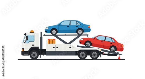 Towing truck hauling two cars in flat style
