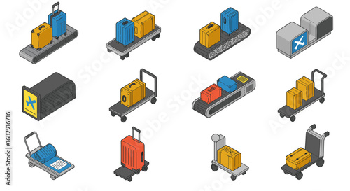 Colorful isometric airport baggage handling icons in cartoon style