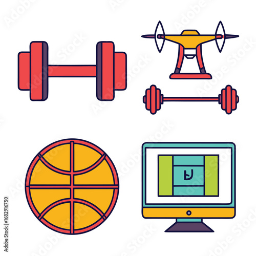 Vector illustration of Collection of sports and technology icons: dumbbell, drone, basketball,