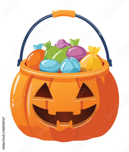 Jack-o'-lantern Pumpkin Basket Overflowing with Assorted Sweets Halloween Night Vector Illustration