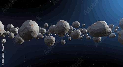 A celestial ring of low-polygon asteroids orbiting in the vastness of deep space