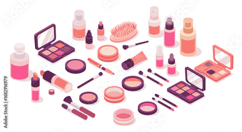 Isometric makeup collection on white background: diverse beauty products in pink tones