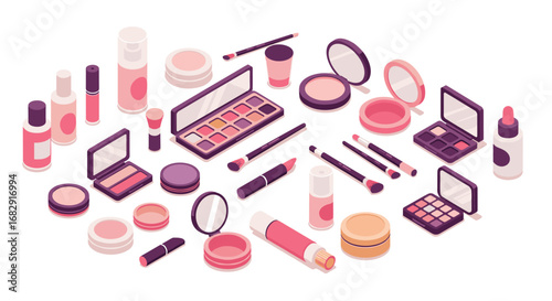 Isometric makeup essentials: a collection of beauty products in soft pink and nude
