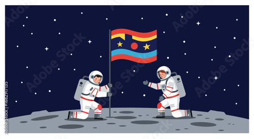 Astronauts Planting Flag on Moon