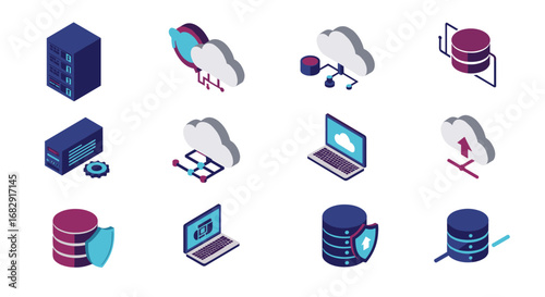 Isometric cloud computing and data storage icons for digital solutions