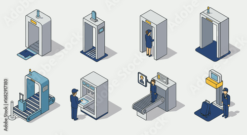 Isometric airport security checkpoint illustrations with x-ray machines and metal detectors