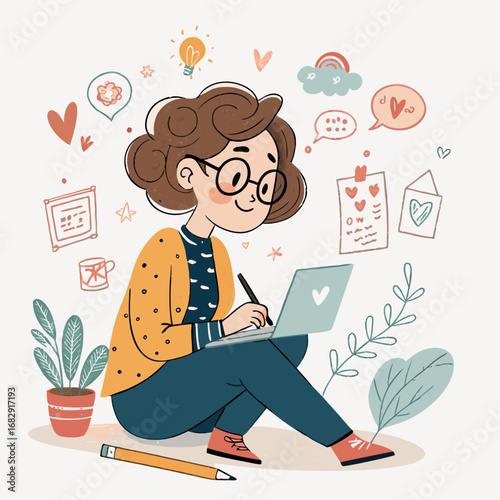 Creative young woman with glasses working on a laptop surrounded by doodles.
