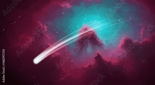 Vibrant Cosmic Streak A Dazzling Meteoroid Traverses a Colorful Nebula in Deep Space Art
