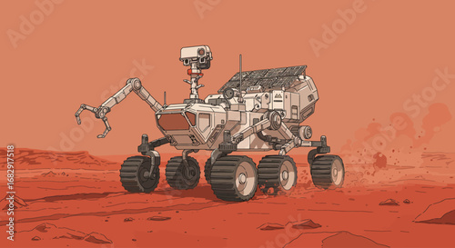 Robotic space rover exploring the rocky surface of a red planet