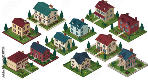 Isometric neighborhood set with charming houses and gardens in suburban style
